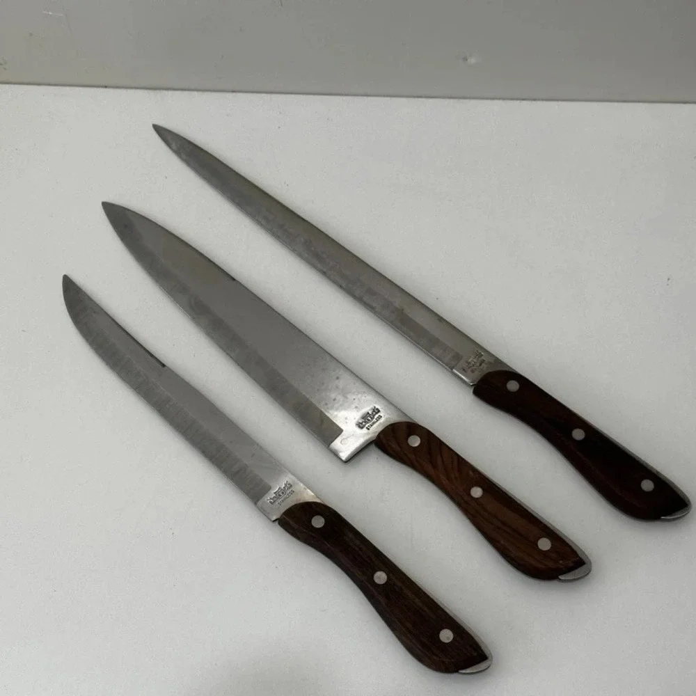 Vintage Lot of 3 RS Japan Stainless Steel Knife Set w/Wood Handles